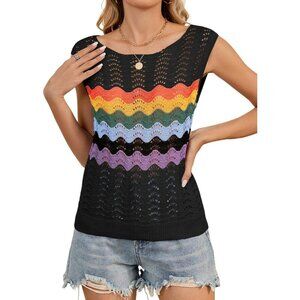 Takeyal Women Black Sleeveless Crochet Tank Casual Summer Striped Sweaters